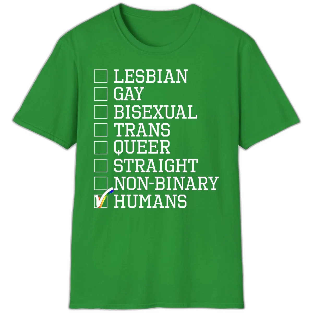LGBTQ humans checklist design with empty checkboxes next to identity labels and a checked box with rainbow flag next to humans in Irish Green