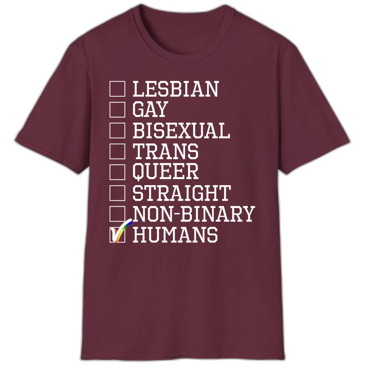 LGBTQ humans checklist design with empty checkboxes next to identity labels and a checked box with rainbow flag next to humans in Maroon