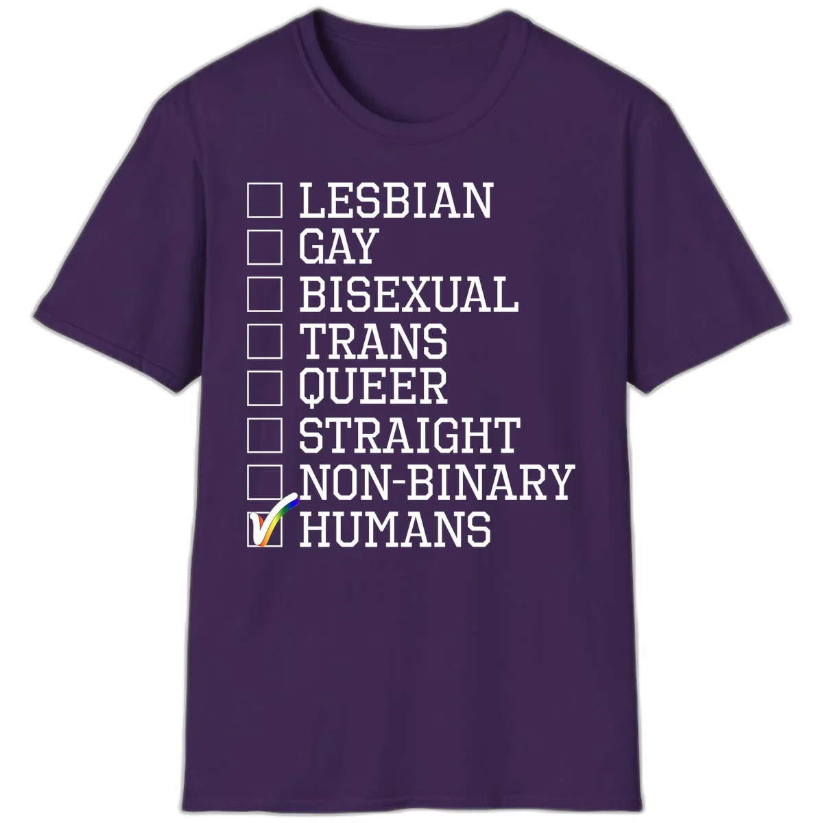 LGBTQ humans checklist design with empty checkboxes next to identity labels and a checked box with rainbow flag next to humans in Purple