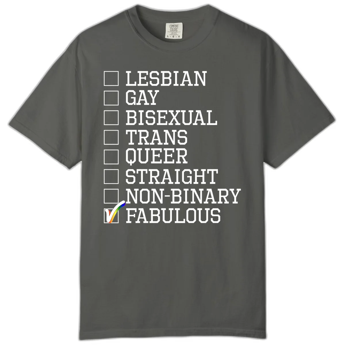 Pride identity checklist design with boxes for lesbian, gay, bisexual, trans, queer, straight, non-binary, with fabulous checked off in rainbow colors in Pepper