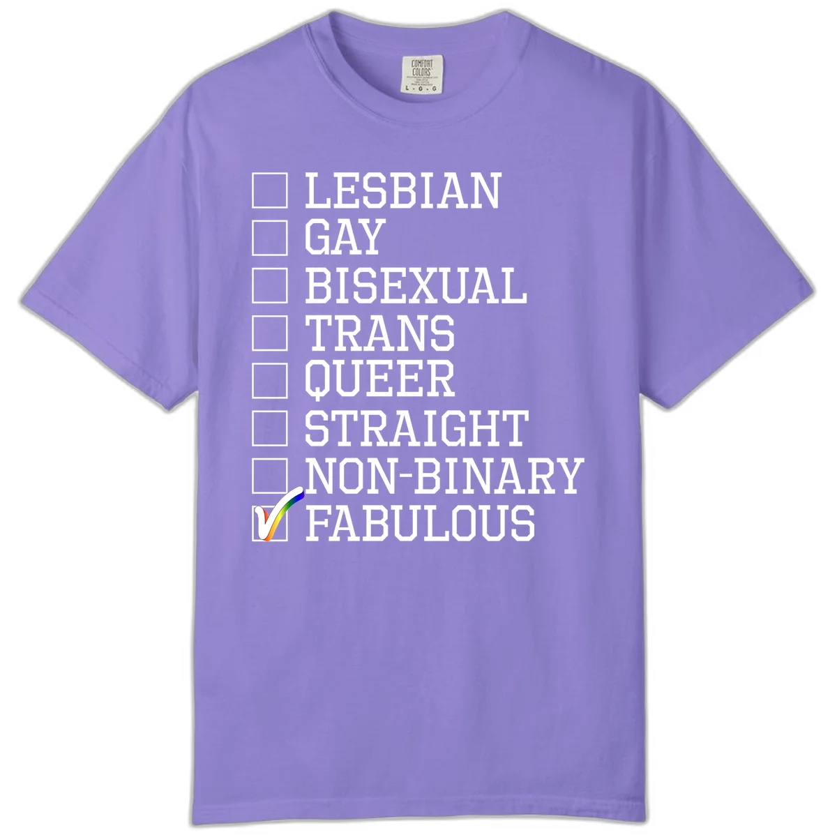Pride identity checklist design with boxes for lesbian, gay, bisexual, trans, queer, straight, non-binary, with fabulous checked off in rainbow colors in Violet