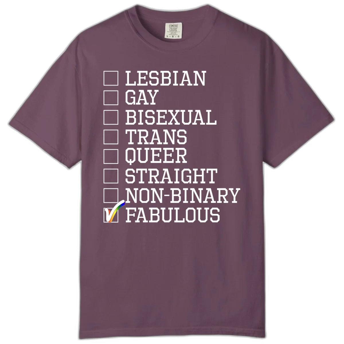 Pride identity checklist design with boxes for lesbian, gay, bisexual, trans, queer, straight, non-binary, with fabulous checked off in rainbow colors in Berry