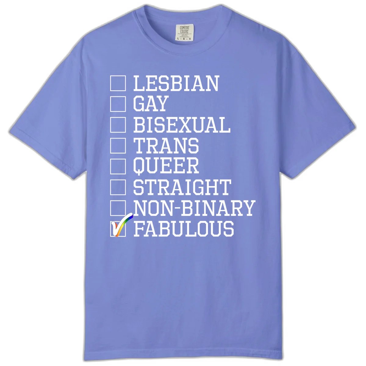 Pride identity checklist design with boxes for lesbian, gay, bisexual, trans, queer, straight, non-binary, with fabulous checked off in rainbow colors in Flo Blue