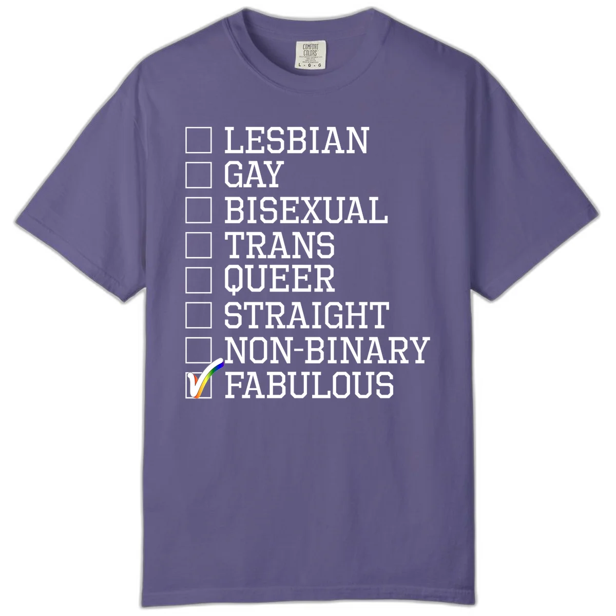 Pride identity checklist design with boxes for lesbian, gay, bisexual, trans, queer, straight, non-binary, with fabulous checked off in rainbow colors in Grape
