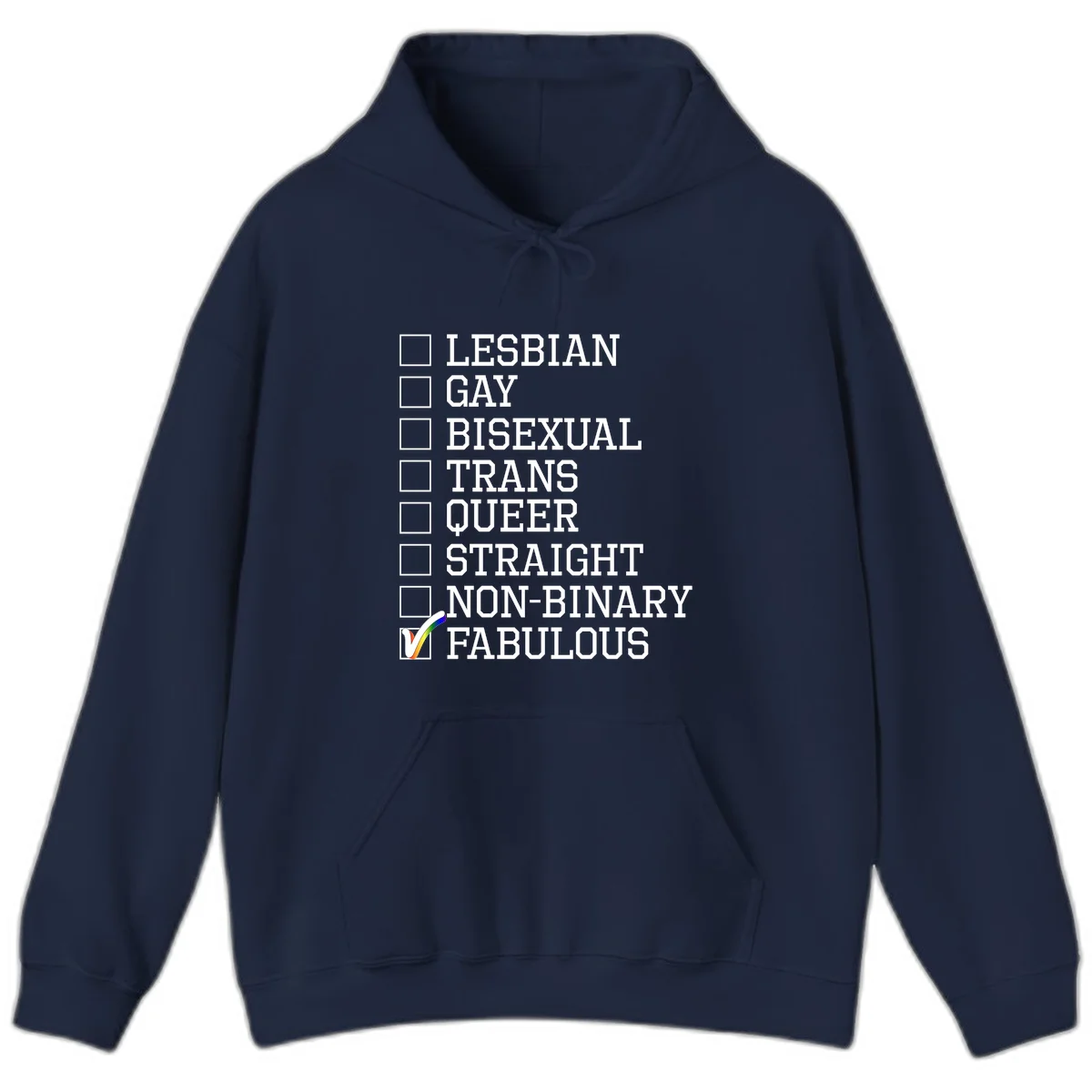 Pride identity checklist design with boxes for lesbian, gay, bisexual, trans, queer, straight, non-binary, with fabulous checked off in rainbow colors in Navy