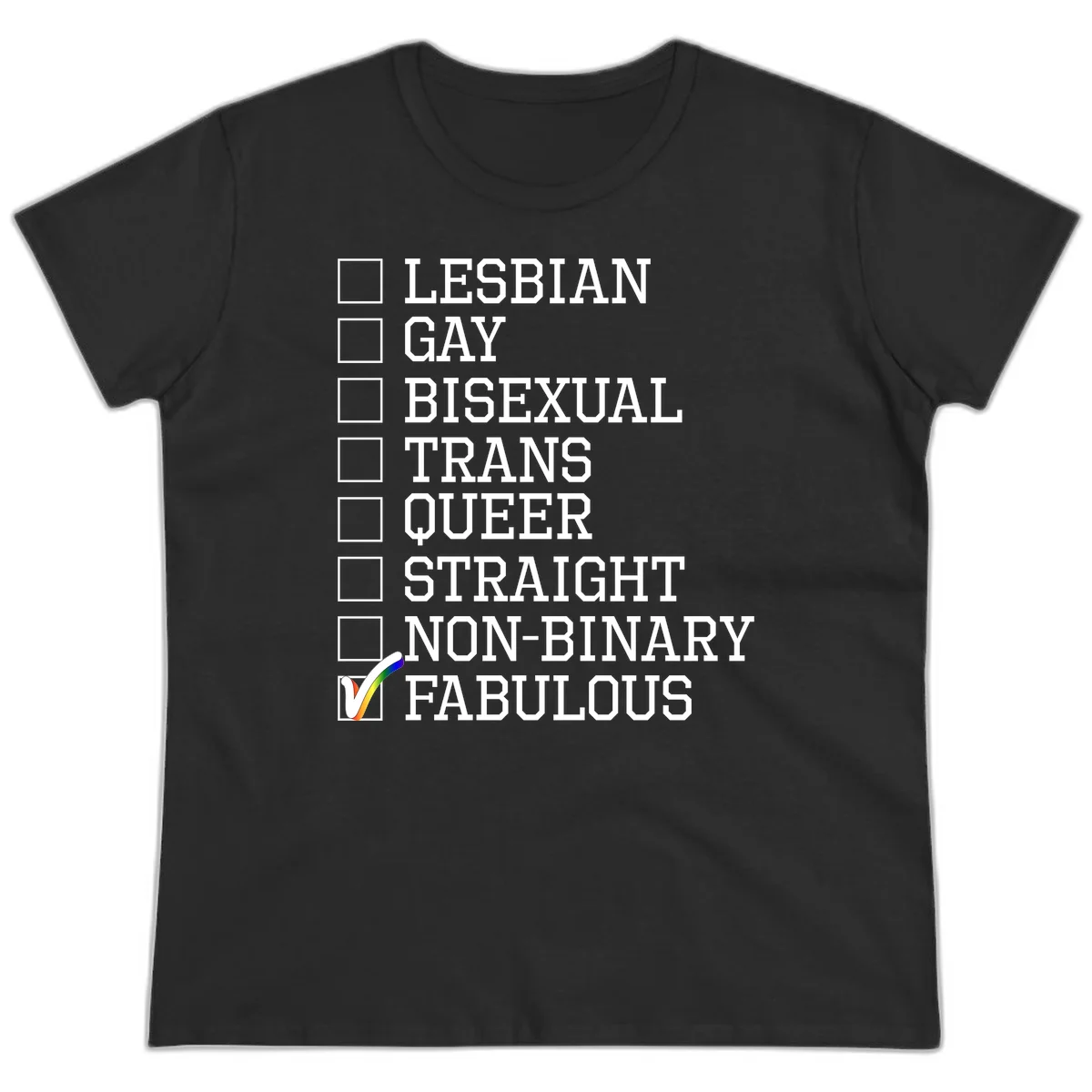 Pride identity checklist design with boxes for lesbian, gay, bisexual, trans, queer, straight, non-binary, with fabulous checked off in rainbow colors in Black