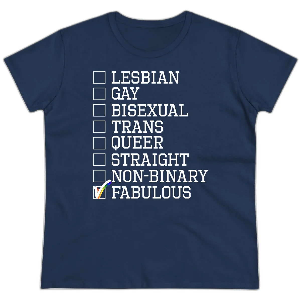 Pride identity checklist design with boxes for lesbian, gay, bisexual, trans, queer, straight, non-binary, with fabulous checked off in rainbow colors in Navy