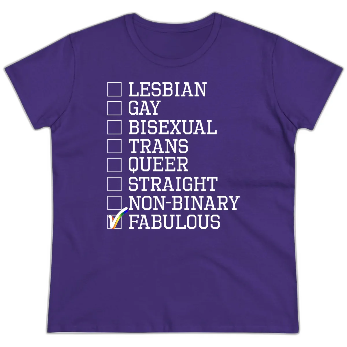Pride identity checklist design with boxes for lesbian, gay, bisexual, trans, queer, straight, non-binary, with fabulous checked off in rainbow colors in Purple