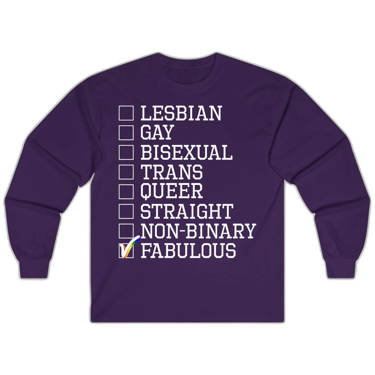 Pride identity checklist design with boxes for lesbian, gay, bisexual, trans, queer, straight, non-binary, with fabulous checked off in rainbow colors in Purple
