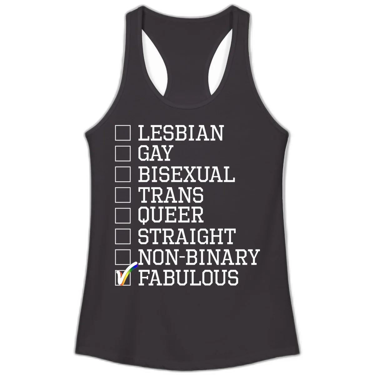 Pride identity checklist design with boxes for lesbian, gay, bisexual, trans, queer, straight, non-binary, with fabulous checked off in rainbow colors in Black