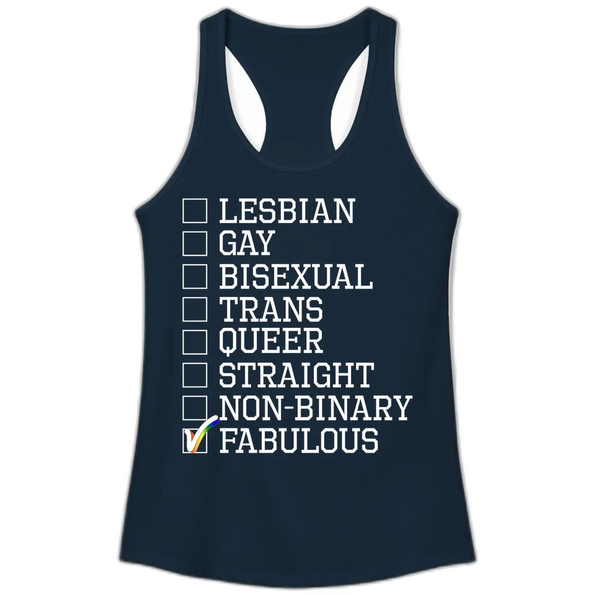 Pride identity checklist design with boxes for lesbian, gay, bisexual, trans, queer, straight, non-binary, with fabulous checked off in rainbow colors in Solid Midnight Navy