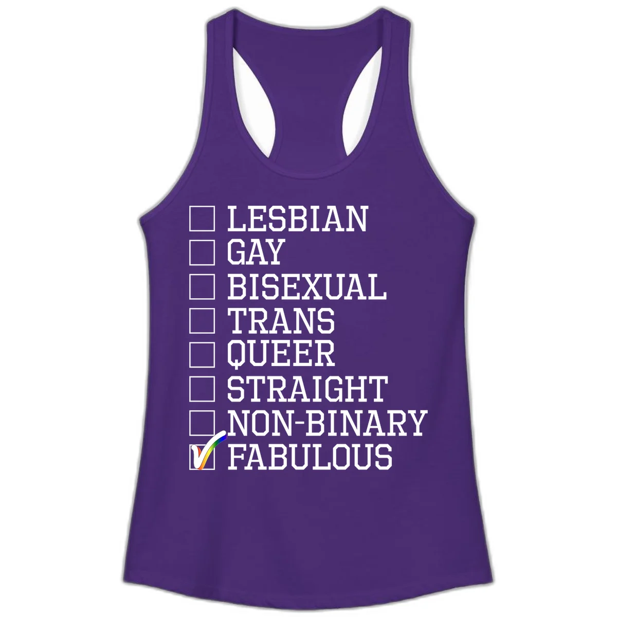 Pride identity checklist design with boxes for lesbian, gay, bisexual, trans, queer, straight, non-binary, with fabulous checked off in rainbow colors in Solid Purple Rush