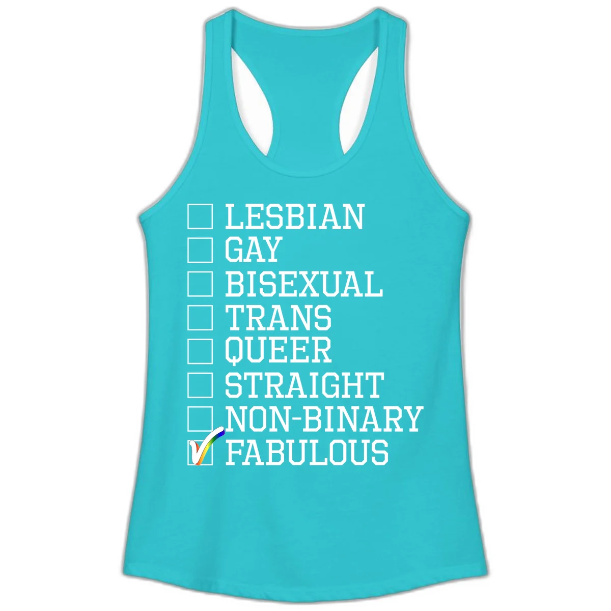 Pride identity checklist design with boxes for lesbian, gay, bisexual, trans, queer, straight, non-binary, with fabulous checked off in rainbow colors in Solid Tahiti Blue