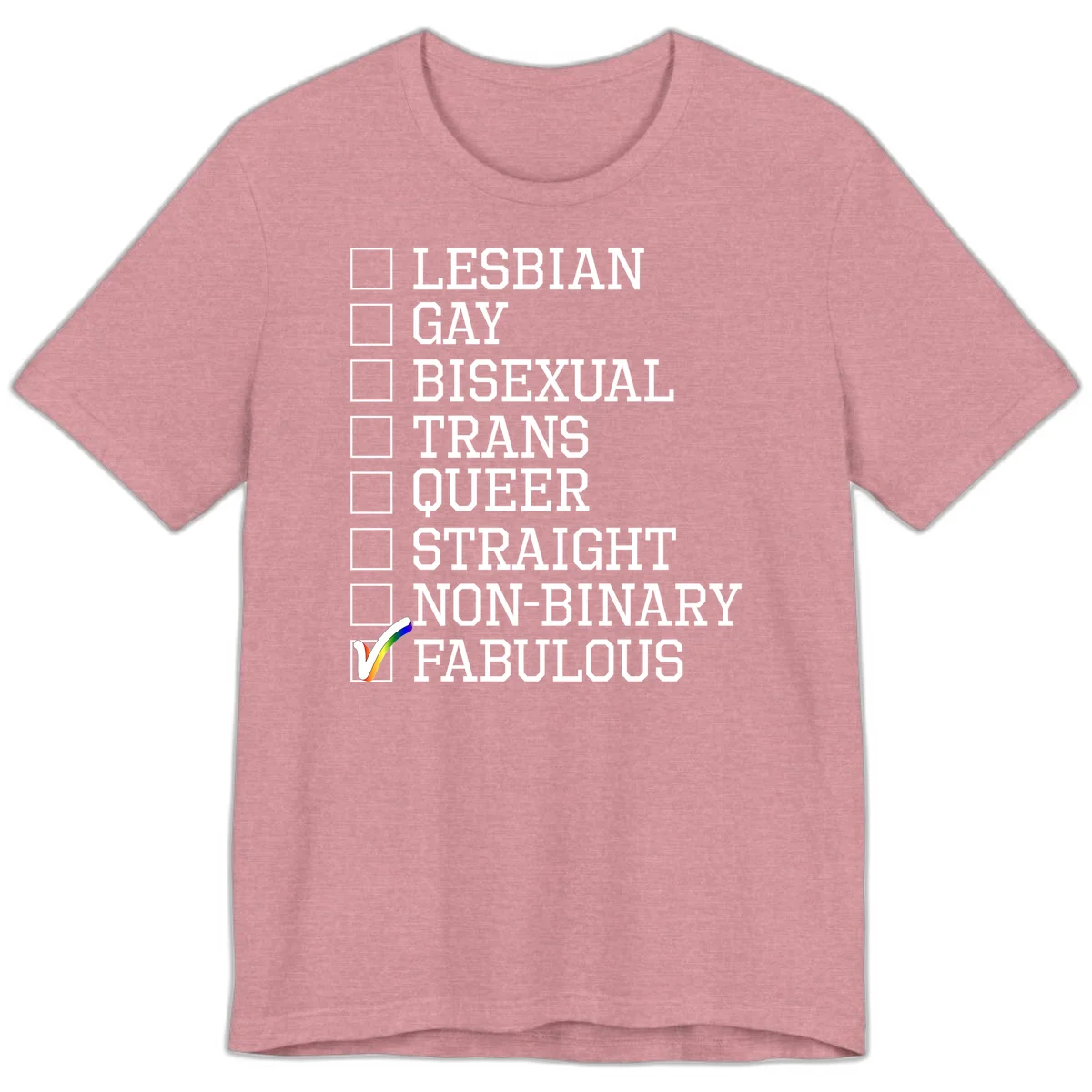 Pride identity checklist design with boxes for lesbian, gay, bisexual, trans, queer, straight, non-binary, with fabulous checked off in rainbow colors in Heather Orchid