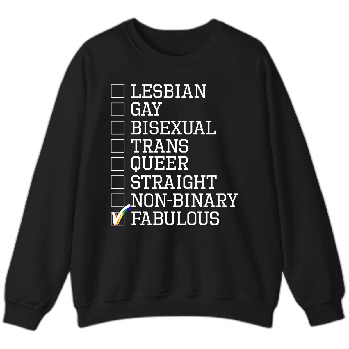 Pride identity checklist design with boxes for lesbian, gay, bisexual, trans, queer, straight, non-binary, with fabulous checked off in rainbow colors in Black