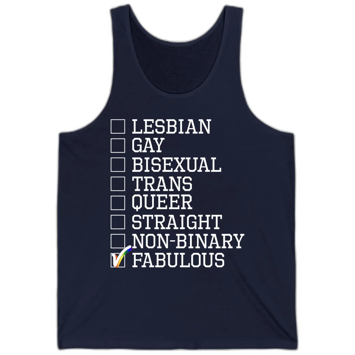 Pride identity checklist design with boxes for lesbian, gay, bisexual, trans, queer, straight, non-binary, with fabulous checked off in rainbow colors in Navy