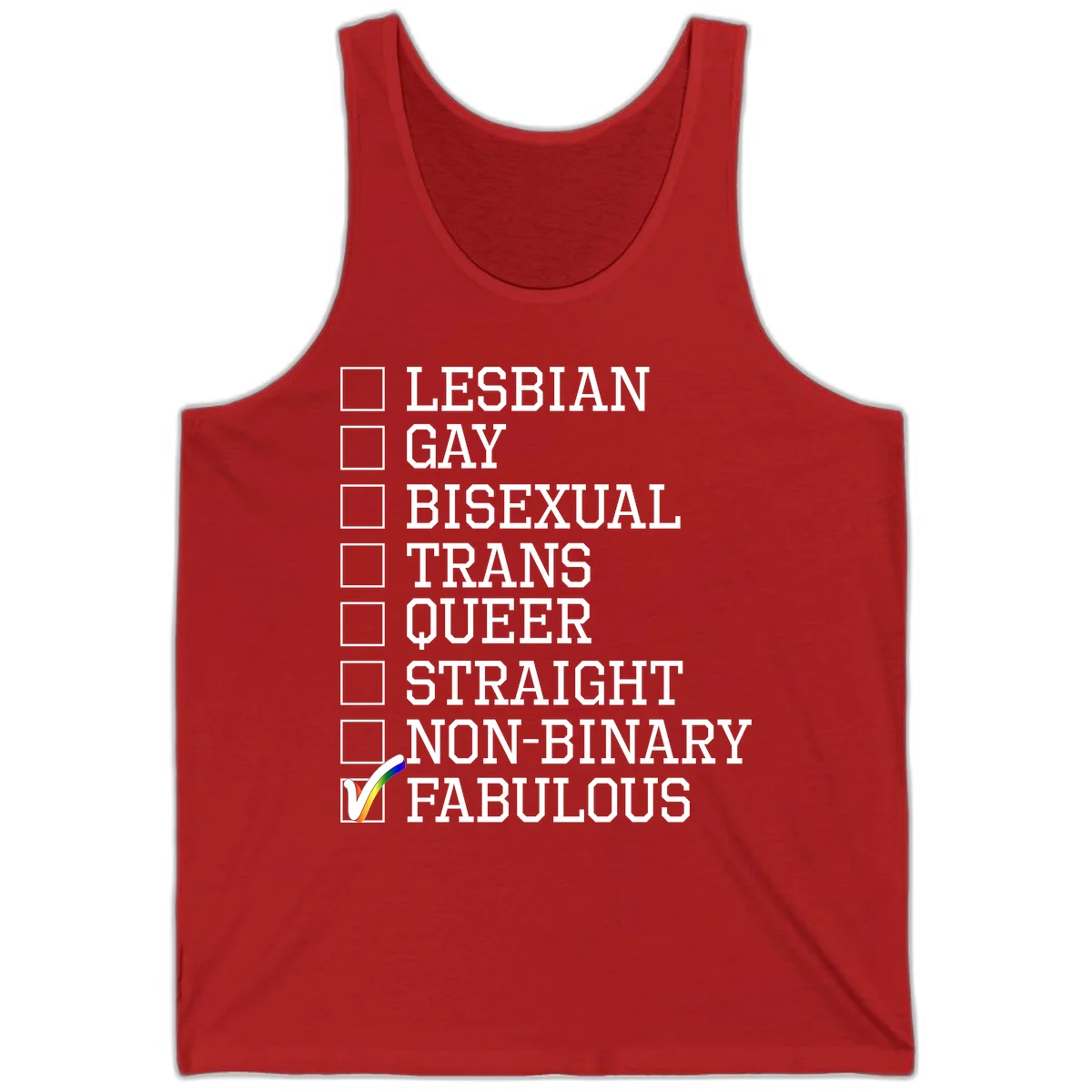 Pride identity checklist design with boxes for lesbian, gay, bisexual, trans, queer, straight, non-binary, with fabulous checked off in rainbow colors in Red