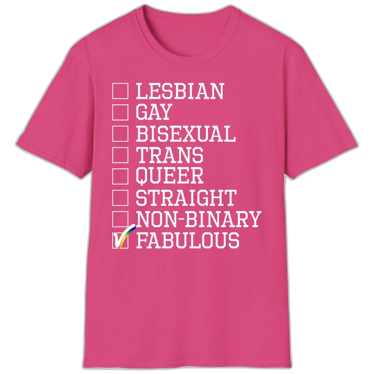 Pride identity checklist design with boxes for lesbian, gay, bisexual, trans, queer, straight, non-binary, with fabulous checked off in rainbow colors in Heliconia