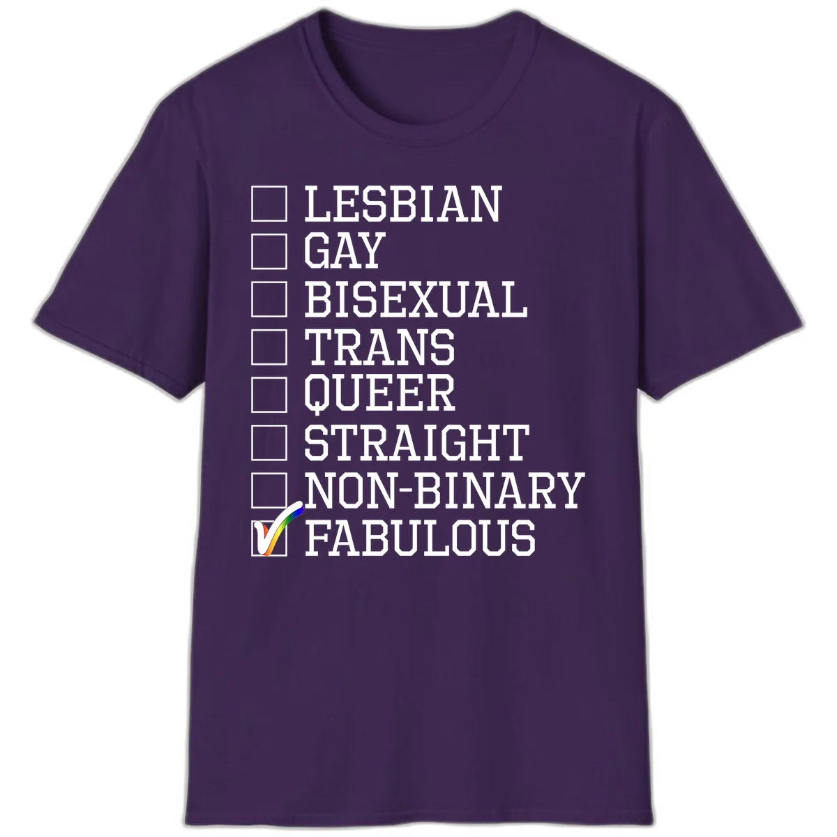 Pride identity checklist design with boxes for lesbian, gay, bisexual, trans, queer, straight, non-binary, with fabulous checked off in rainbow colors in Purple