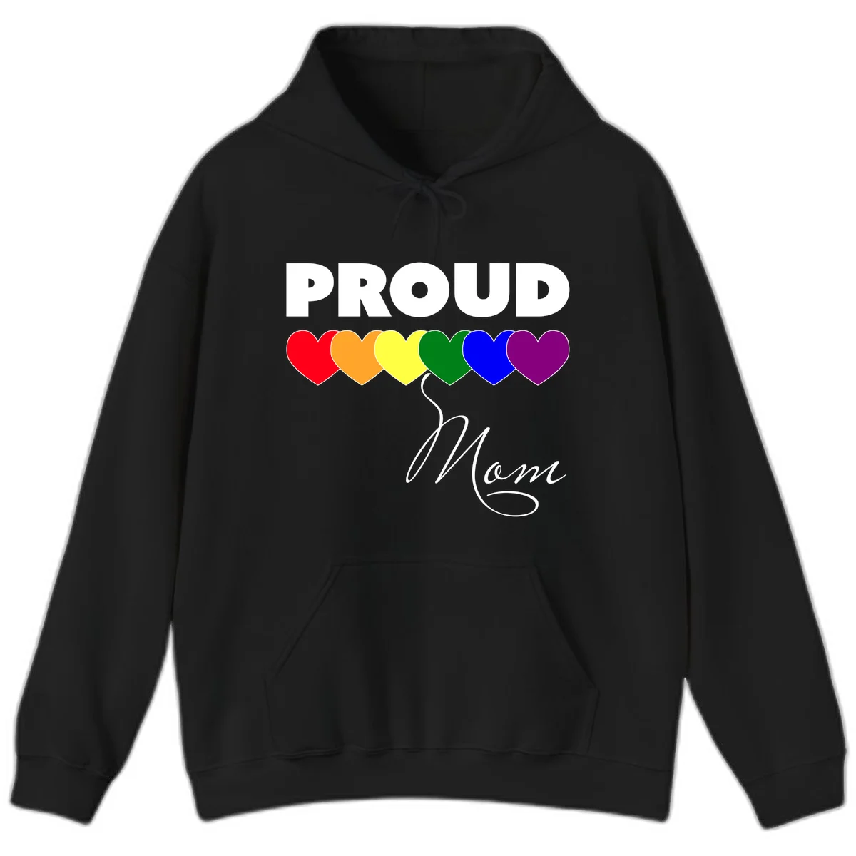 Proud Mom Pride design with six rainbow-colored hearts and script lettering on gray background in Black