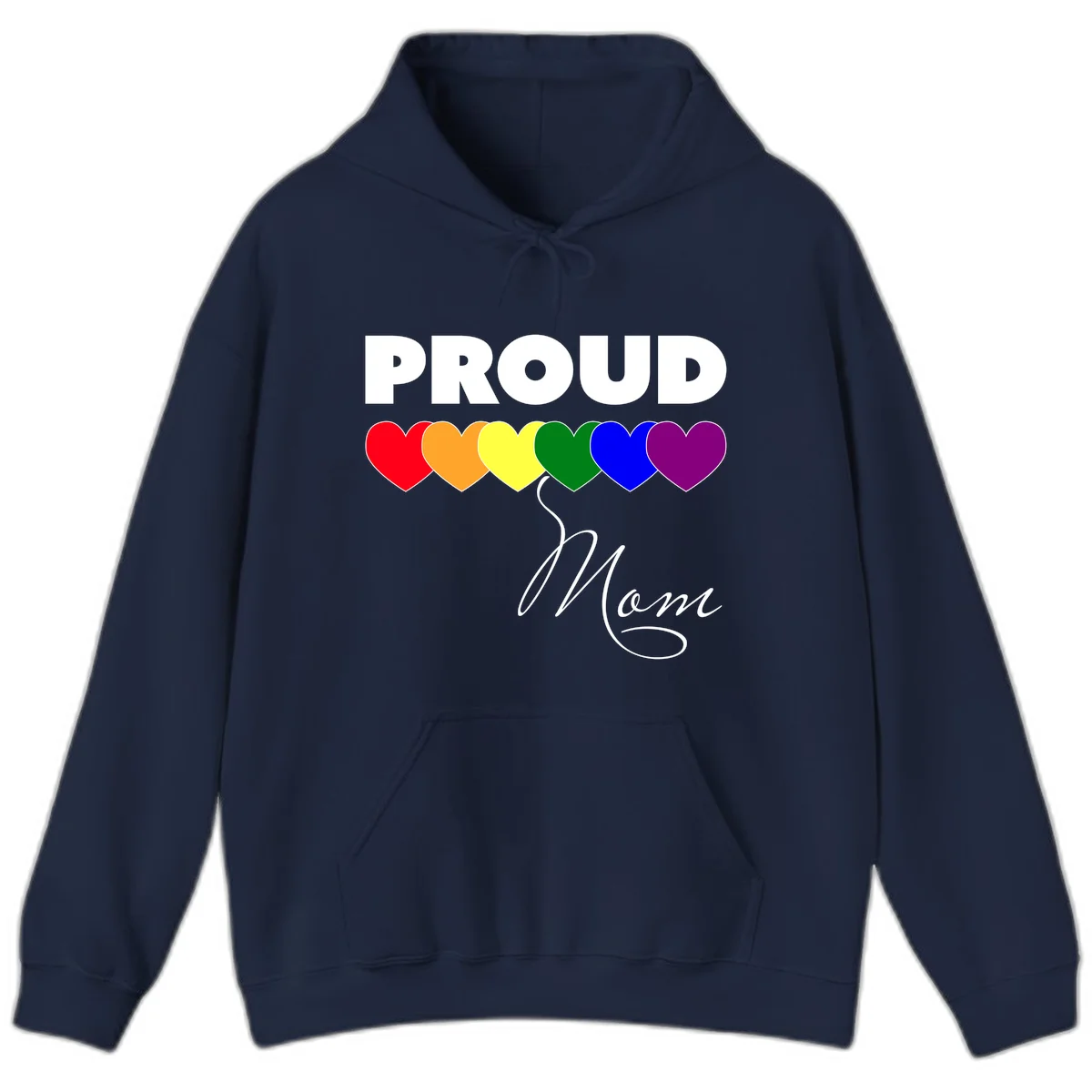 Proud Mom Pride design with six rainbow-colored hearts and script lettering on gray background in Navy