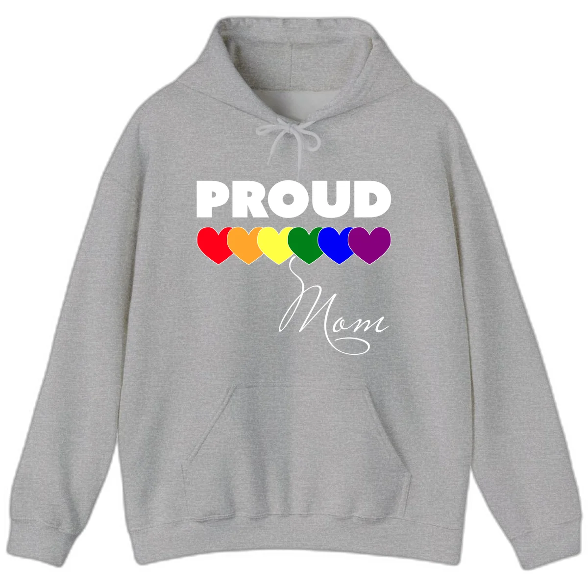 Proud Mom Pride design with six rainbow-colored hearts and script lettering on gray background in Sport Grey