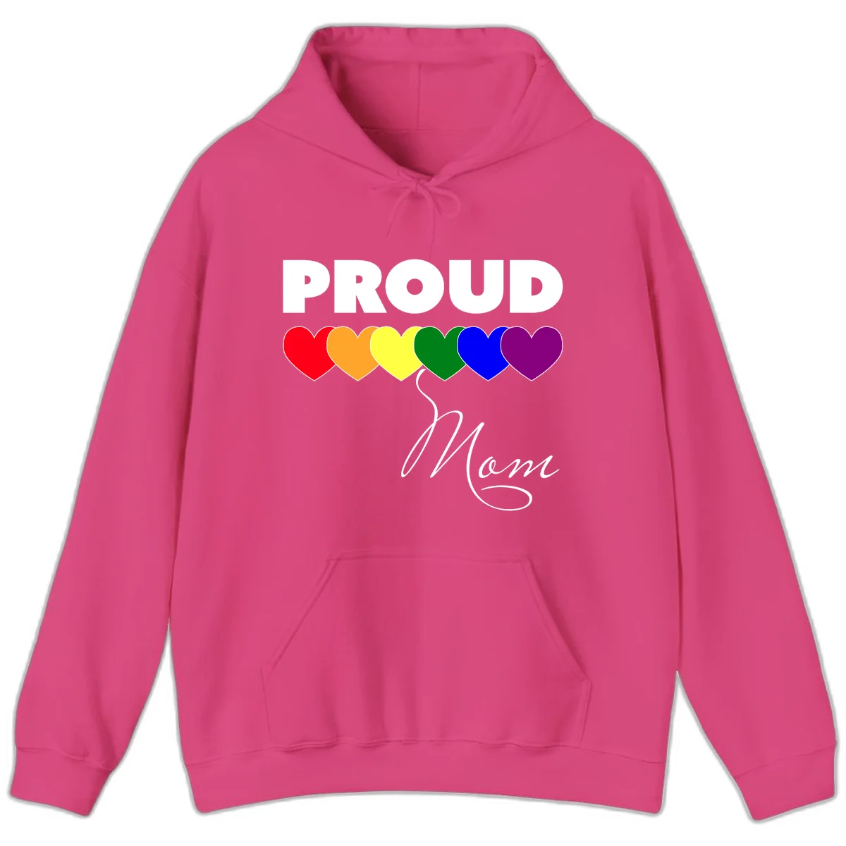 Proud Mom Pride design with six rainbow-colored hearts and script lettering on gray background in Heliconia