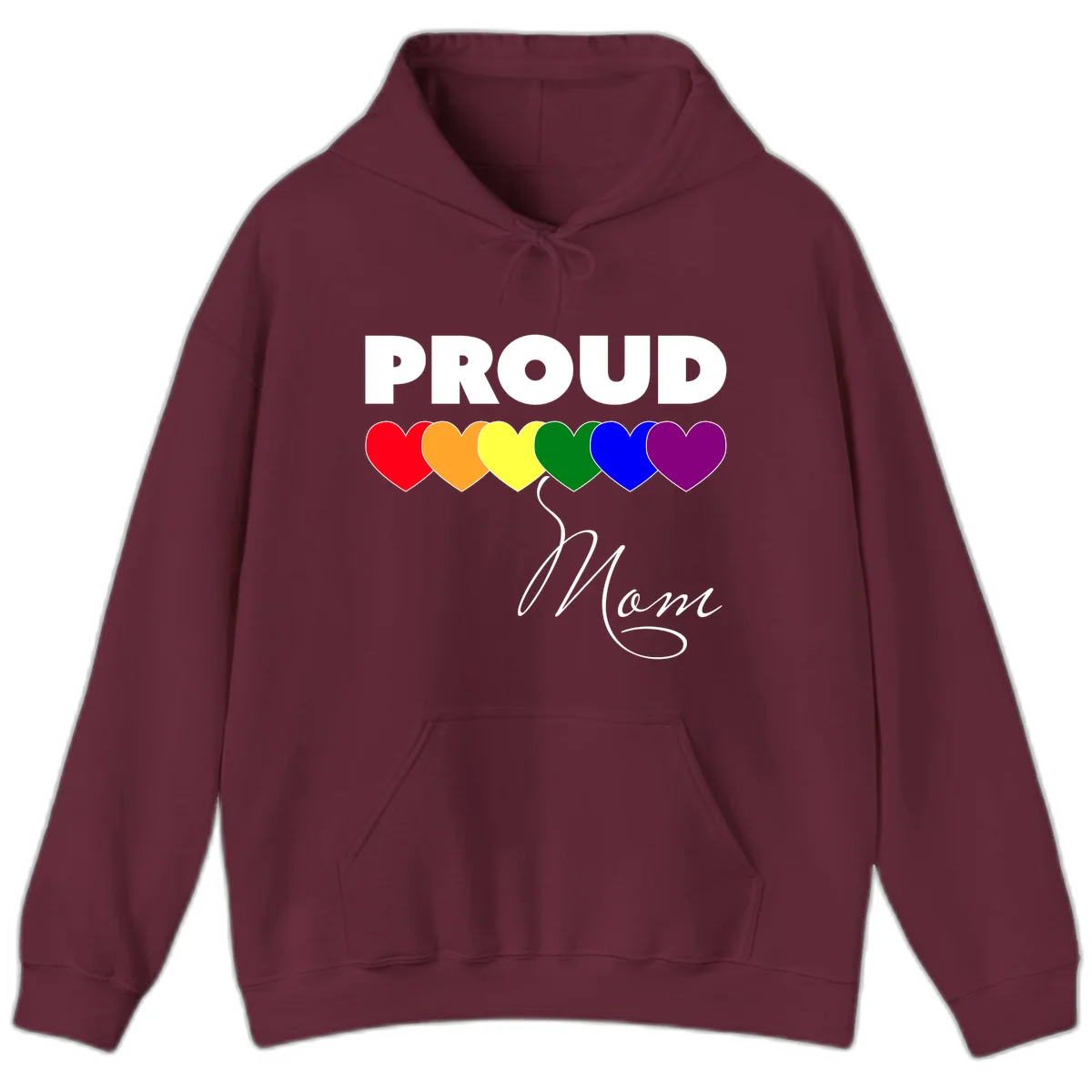 Proud Mom Pride design with six rainbow-colored hearts and script lettering on gray background in Maroon