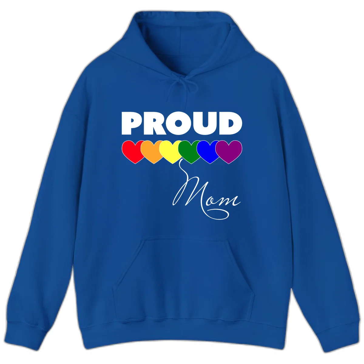 Proud Mom Pride design with six rainbow-colored hearts and script lettering on gray background in Royal