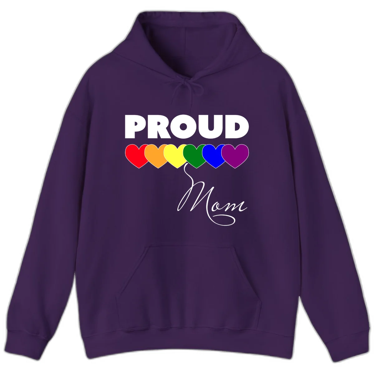 Proud Mom Pride design with six rainbow-colored hearts and script lettering on gray background in Purple
