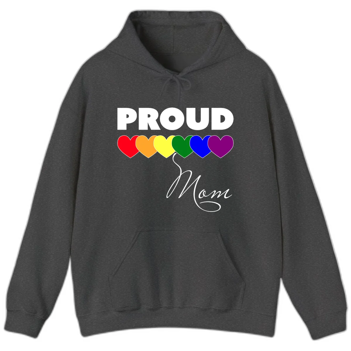 Proud Mom Pride design with six rainbow-colored hearts and script lettering on gray background in Dark Heather