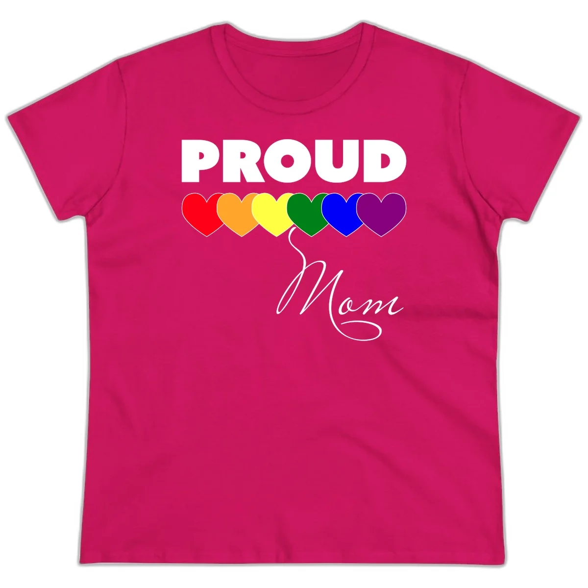 Proud Mom Pride design with six rainbow-colored hearts and script lettering on gray background in Heliconia