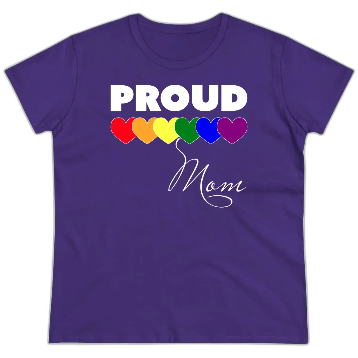 Proud Mom Pride design with six rainbow-colored hearts and script lettering on gray background in Purple
