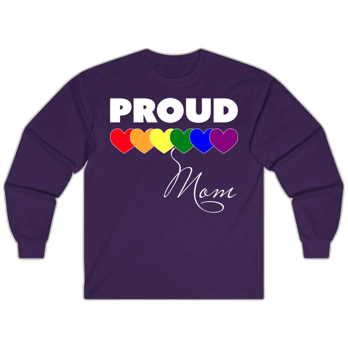 Proud Mom Pride design with six rainbow-colored hearts and script lettering on gray background in Purple