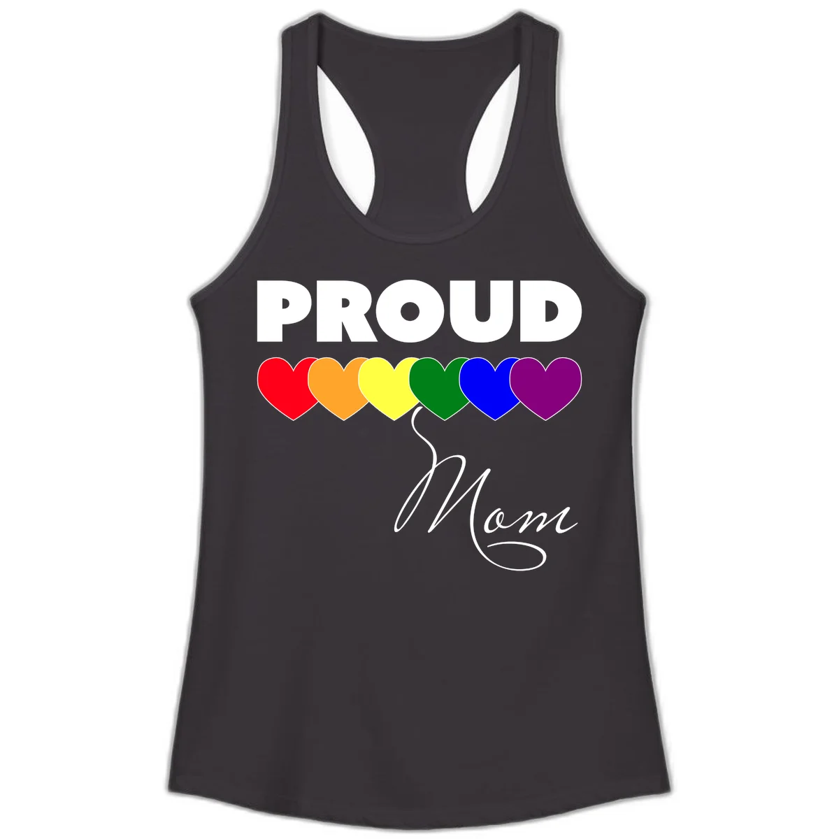 Proud Mom Pride design with six rainbow-colored hearts and script lettering on gray background in Black