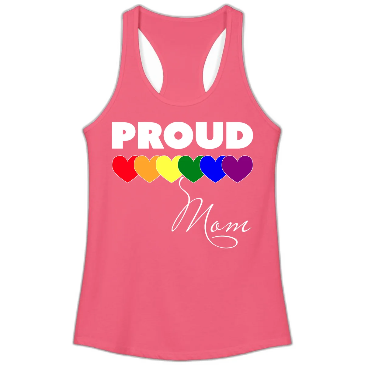 Proud Mom Pride design with six rainbow-colored hearts and script lettering on gray background in Hot Pink