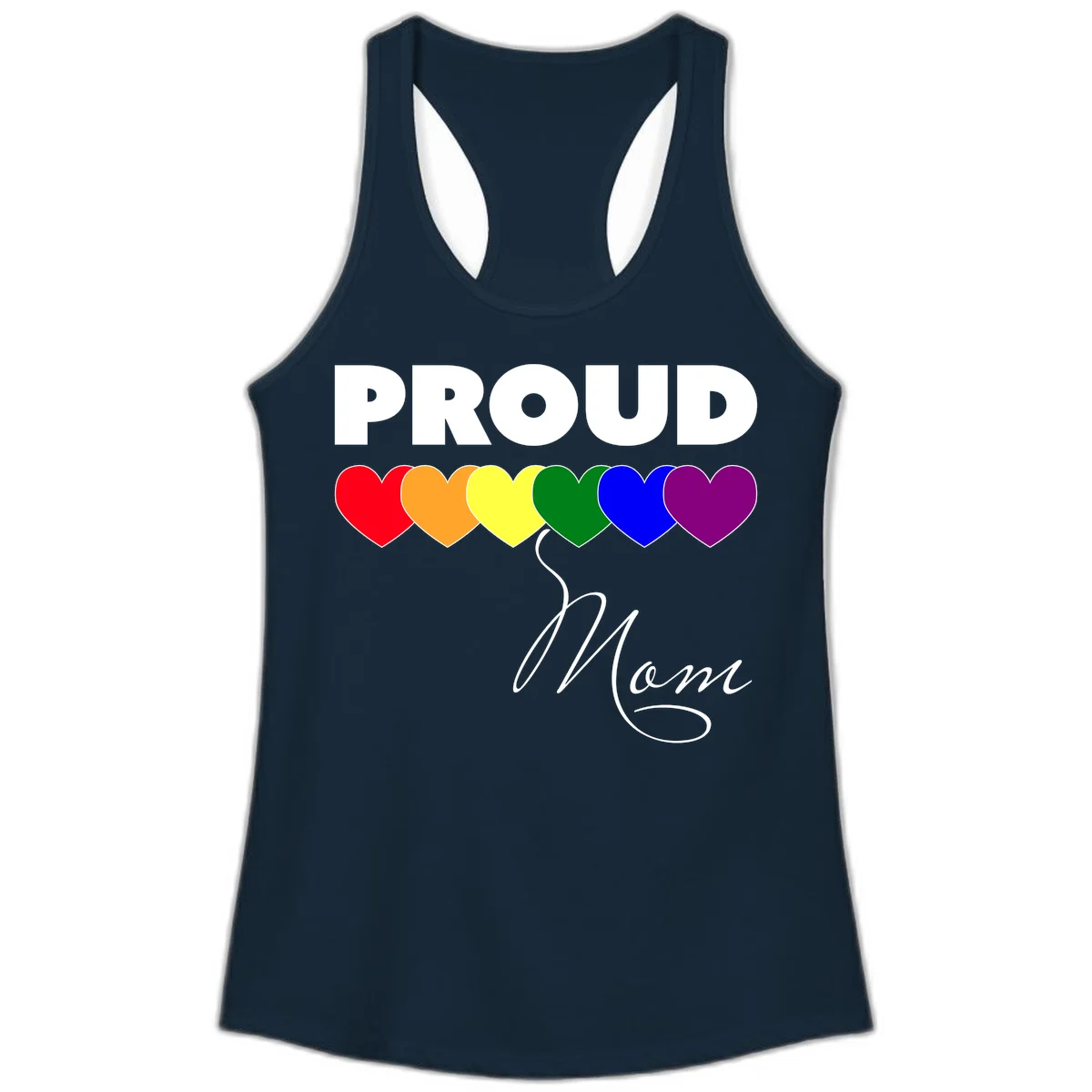 Proud Mom Pride design with six rainbow-colored hearts and script lettering on gray background in Solid Midnight Navy