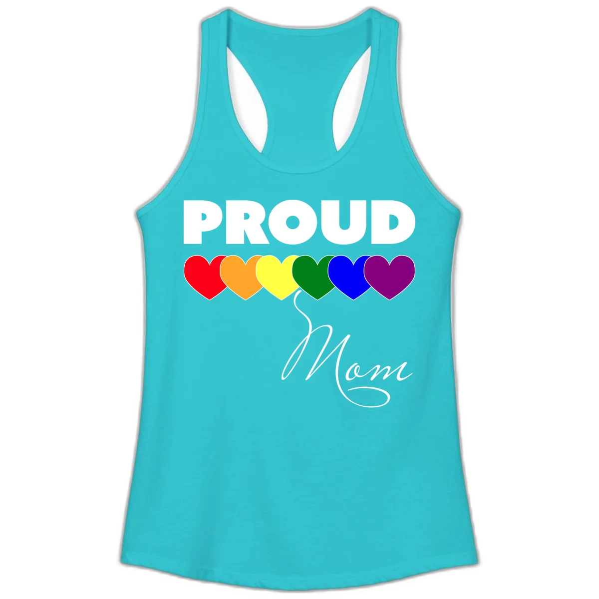 Proud Mom Pride design with six rainbow-colored hearts and script lettering on gray background in Solid Tahiti Blue