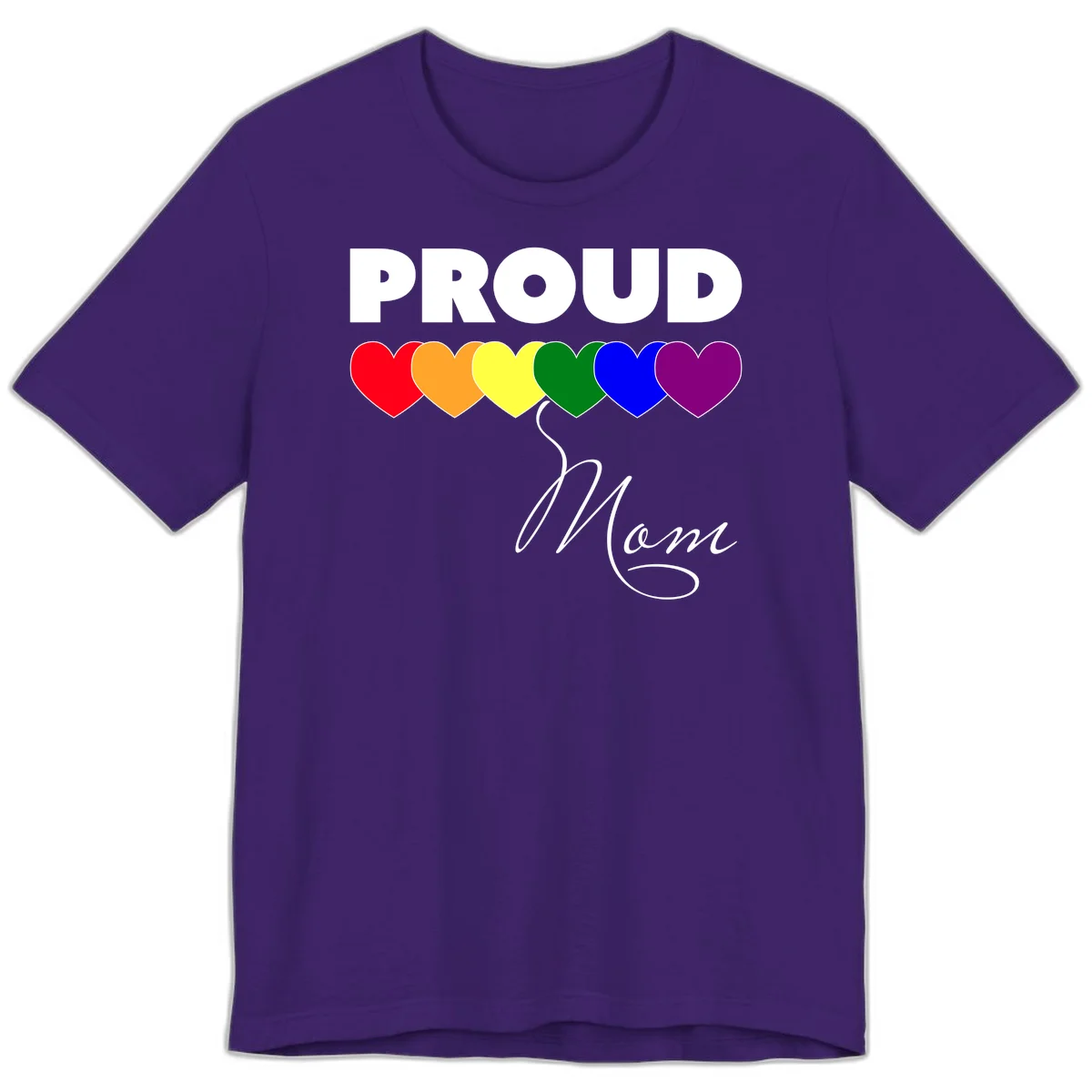 Proud Mom Pride design with six rainbow-colored hearts and script lettering on gray background in Team Purple