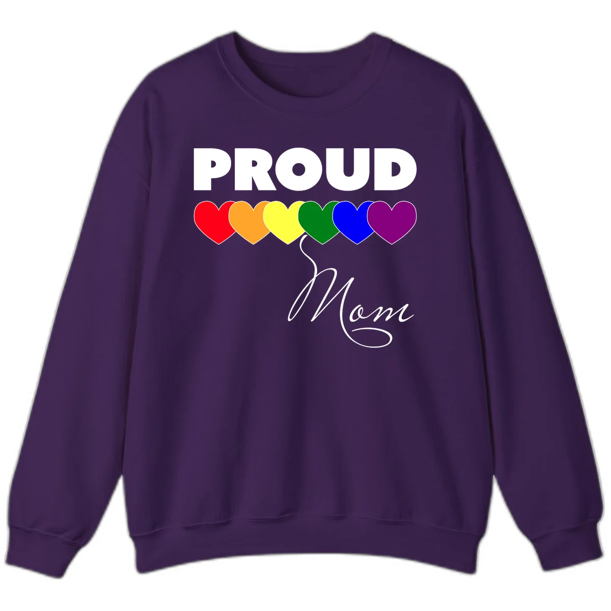 Proud Mom Pride design with six rainbow-colored hearts and script lettering on gray background in Purple