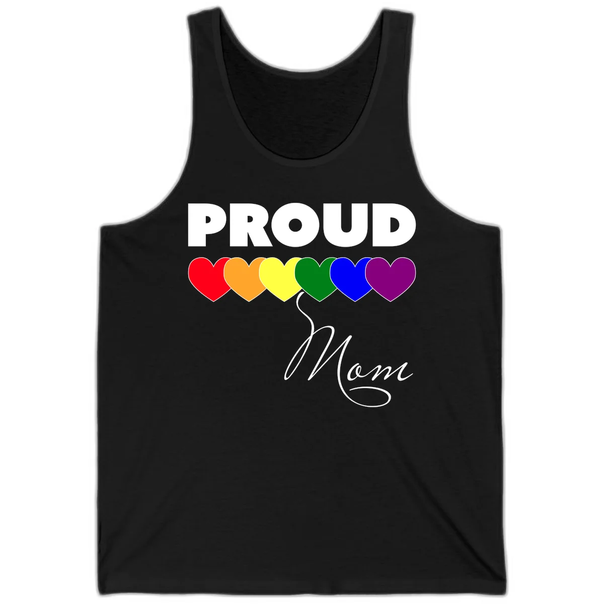 Proud Mom Pride design with six rainbow-colored hearts and script lettering on gray background in Black