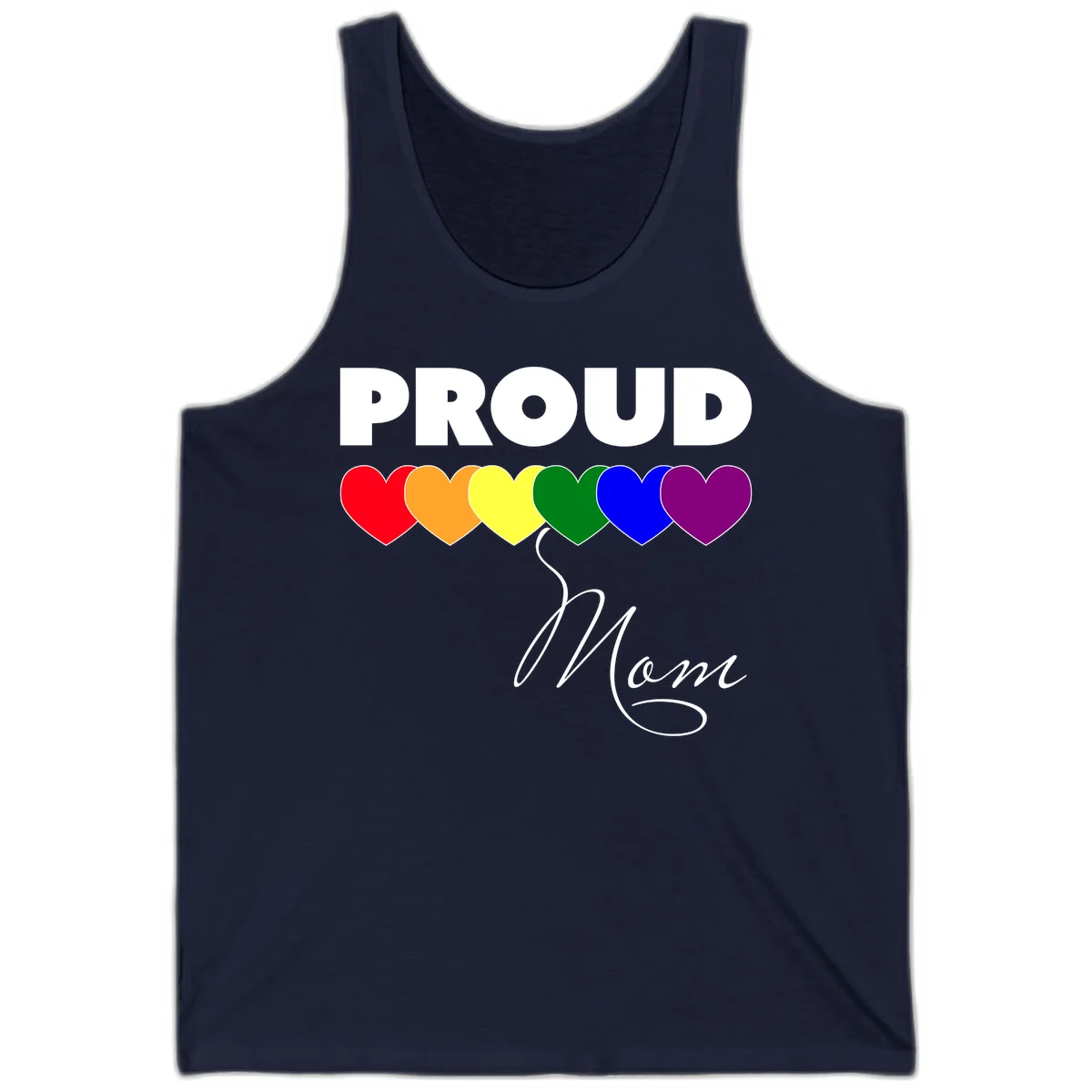 Proud Mom Pride design with six rainbow-colored hearts and script lettering on gray background in Navy