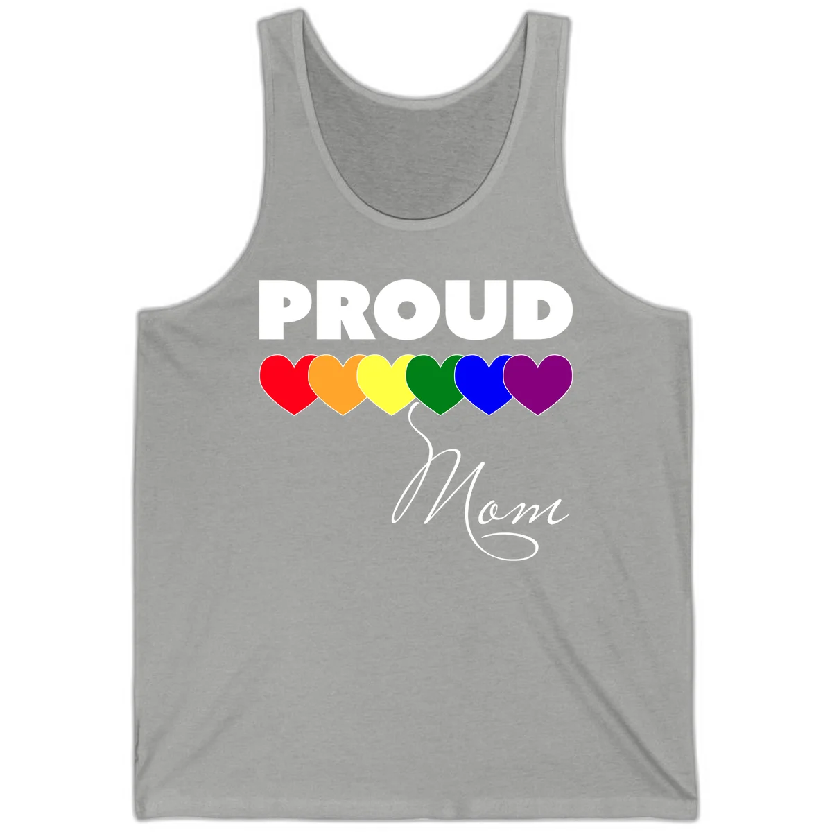 Proud Mom Pride design with six rainbow-colored hearts and script lettering on gray background in Athletic Heather