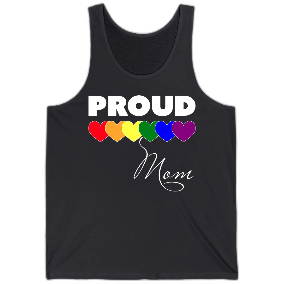Proud Mom Pride design with six rainbow-colored hearts and script lettering on gray background in Dark Grey