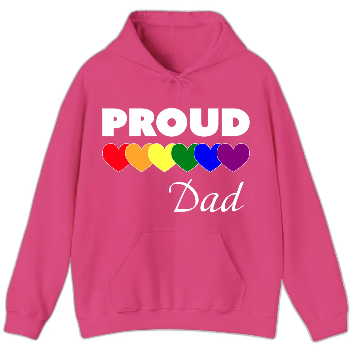 Proud Dad Pride design featuring bold white text with six rainbow-colored hearts in red, orange, yellow, green, blue, and purple in Heliconia