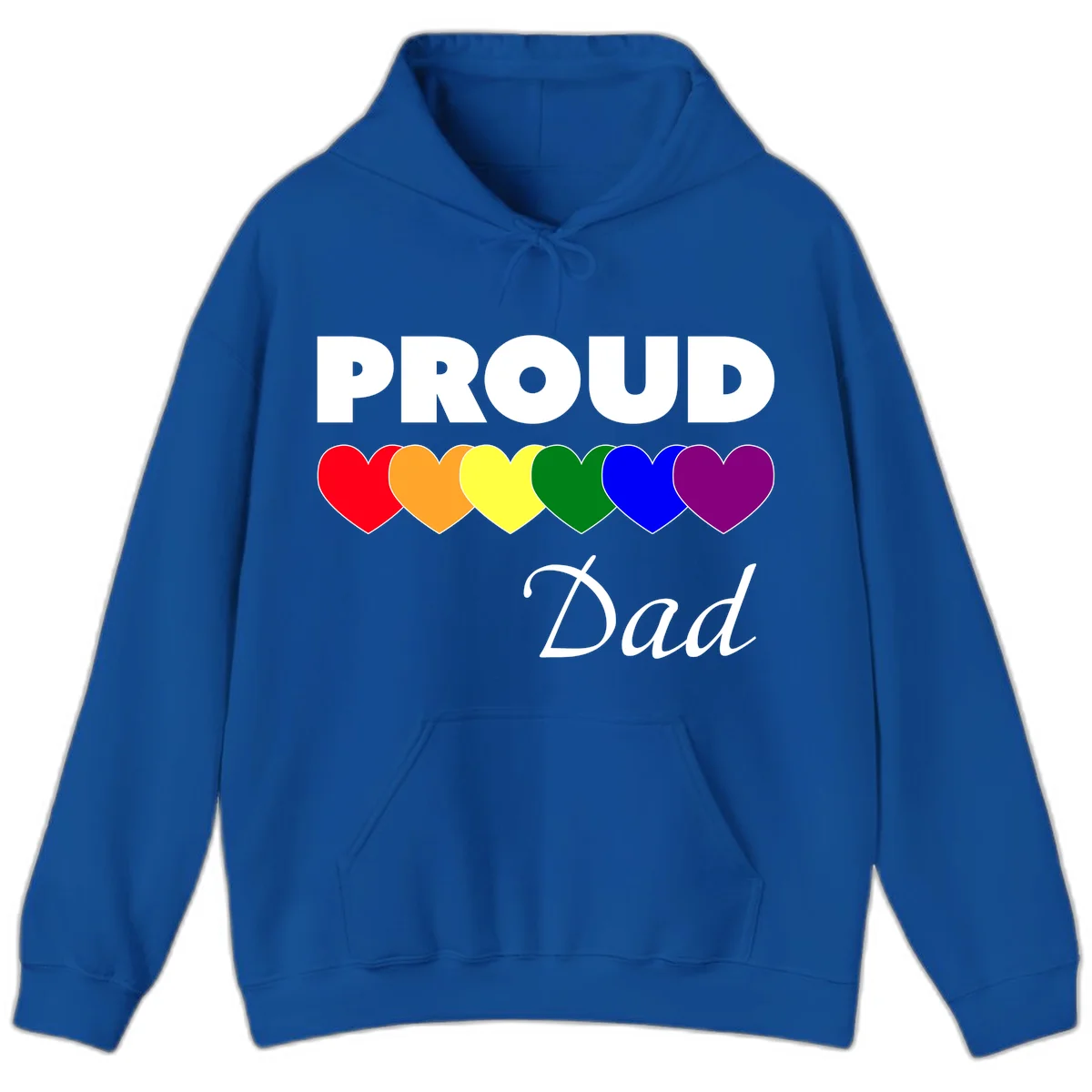 Proud Dad Pride design featuring bold white text with six rainbow-colored hearts in red, orange, yellow, green, blue, and purple in Royal