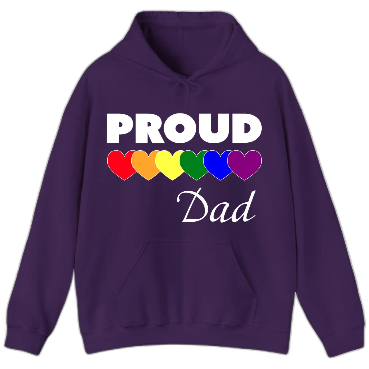 Proud Dad Pride design featuring bold white text with six rainbow-colored hearts in red, orange, yellow, green, blue, and purple in Purple