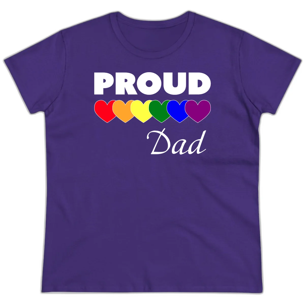 Proud Dad Pride design featuring bold white text with six rainbow-colored hearts in red, orange, yellow, green, blue, and purple in Purple
