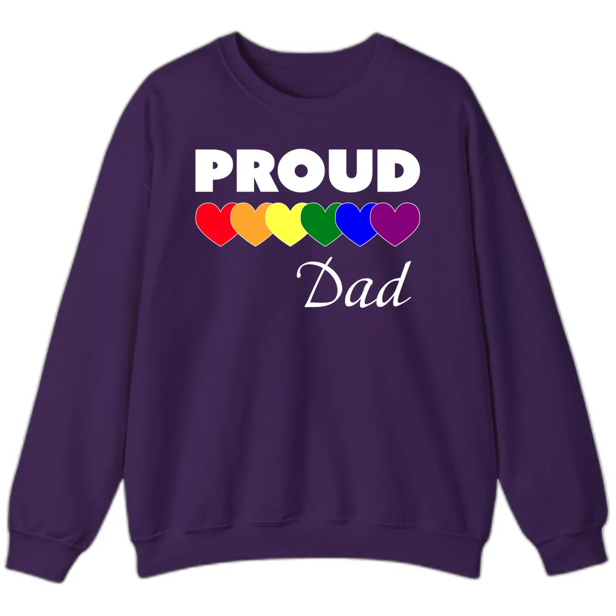 Proud Dad Pride design featuring bold white text with six rainbow-colored hearts in red, orange, yellow, green, blue, and purple in Purple