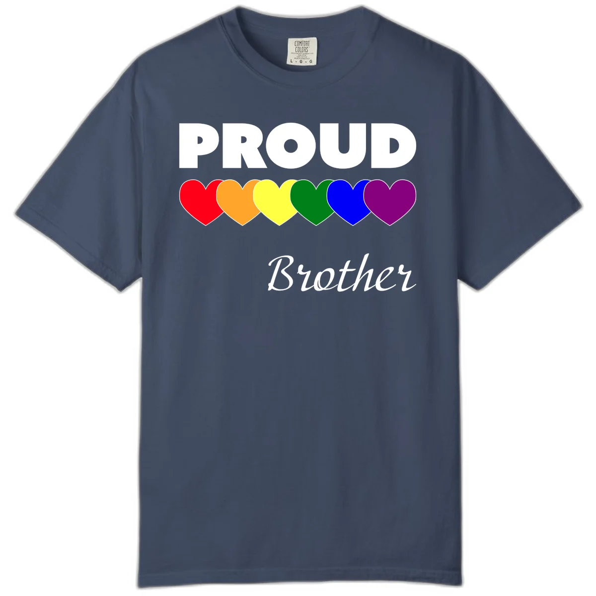 Proud Brother Pride design featuring bold white text and six rainbow-colored hearts representing LGBTQ+ pride flag colors in Midnight